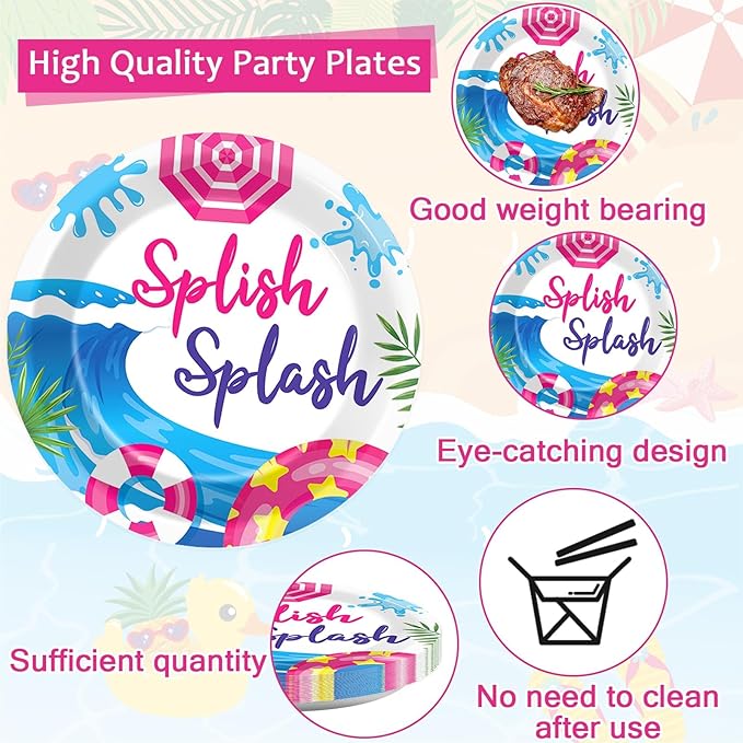 96Pcs Pink Splish Splash Plates and Napkins Summer Pool Birthday