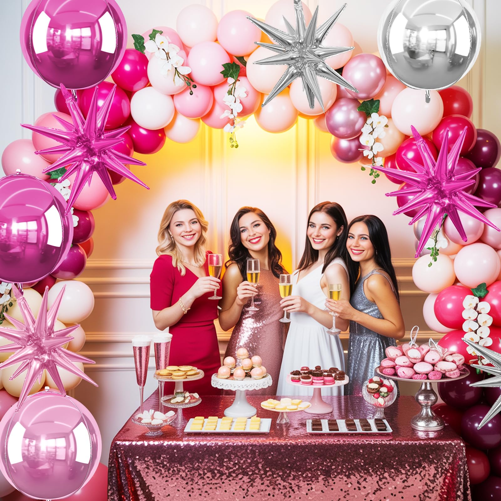 6Pcs Pink Silver Foil Balloons,22Inch Hot Pink Silver 4D Round Ball