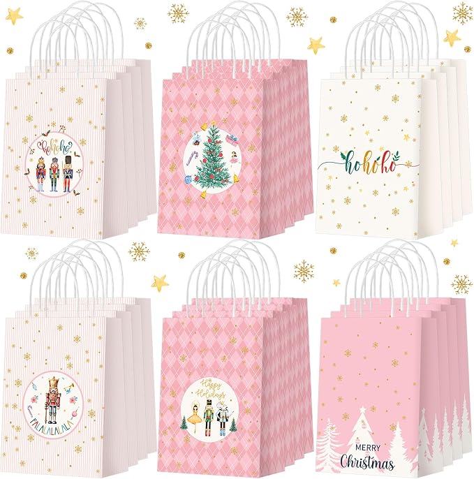 24 Pcs Pink Christmas Party Favors Gift Goodie Bags with Handles