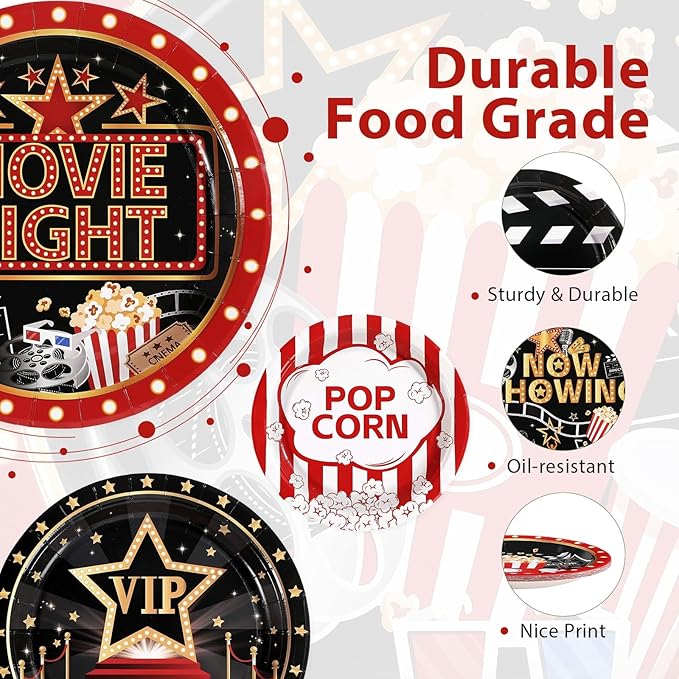 60 Pcs Movie Night Paper Plates 9 Disposable Heavy Duty Now Showing