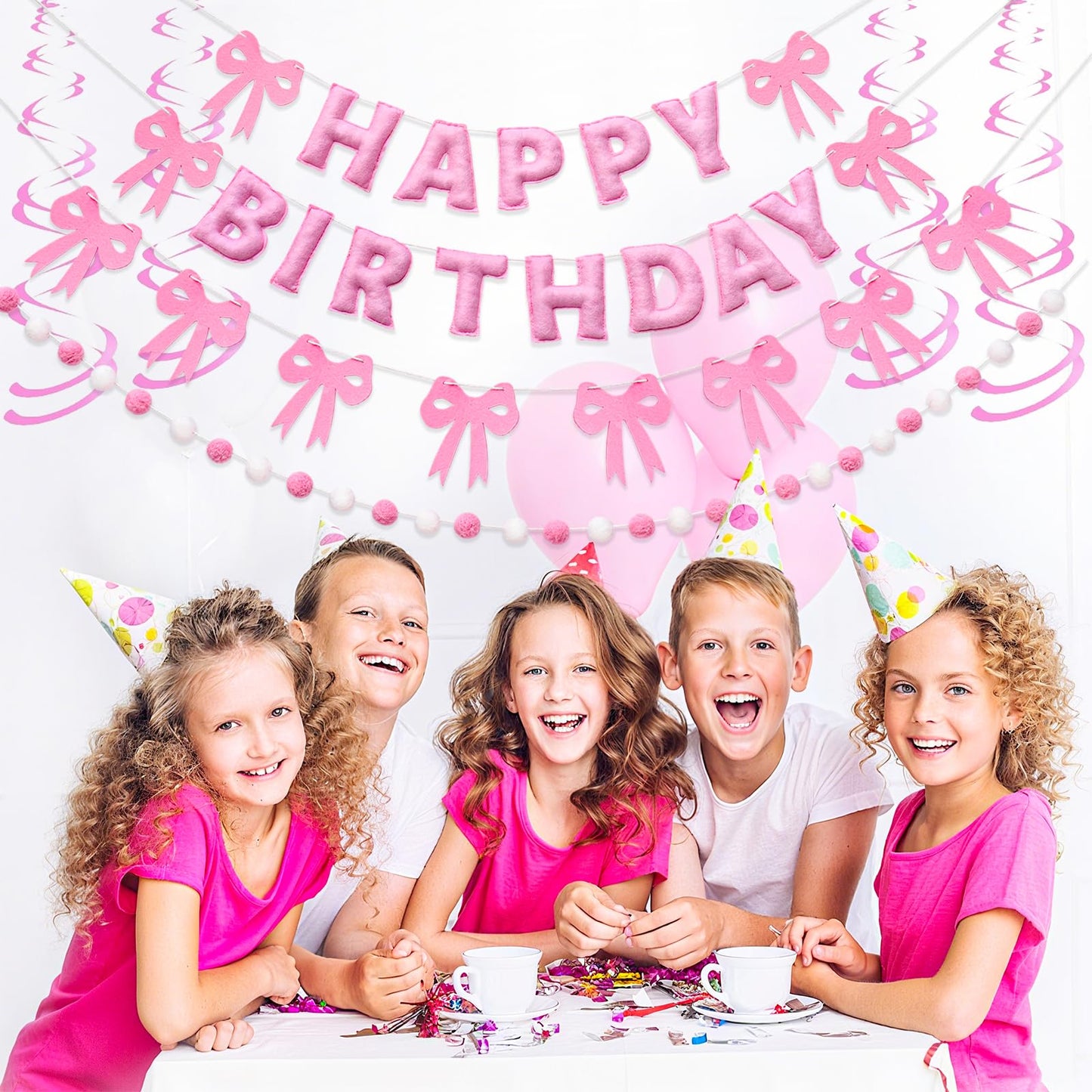 Pre-Strung Pink Bow Birthday Decorations, Reusable Coquette Party