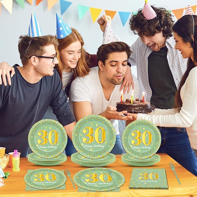 96Pcs Green Gold 30th Birthday Party Plates and Napkins for Women
