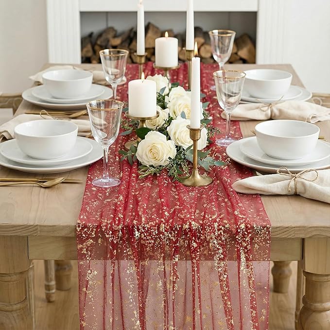 Artoid Mode Red Gold Gauze Table Runner 59x120 Inch 10FT, Glitter