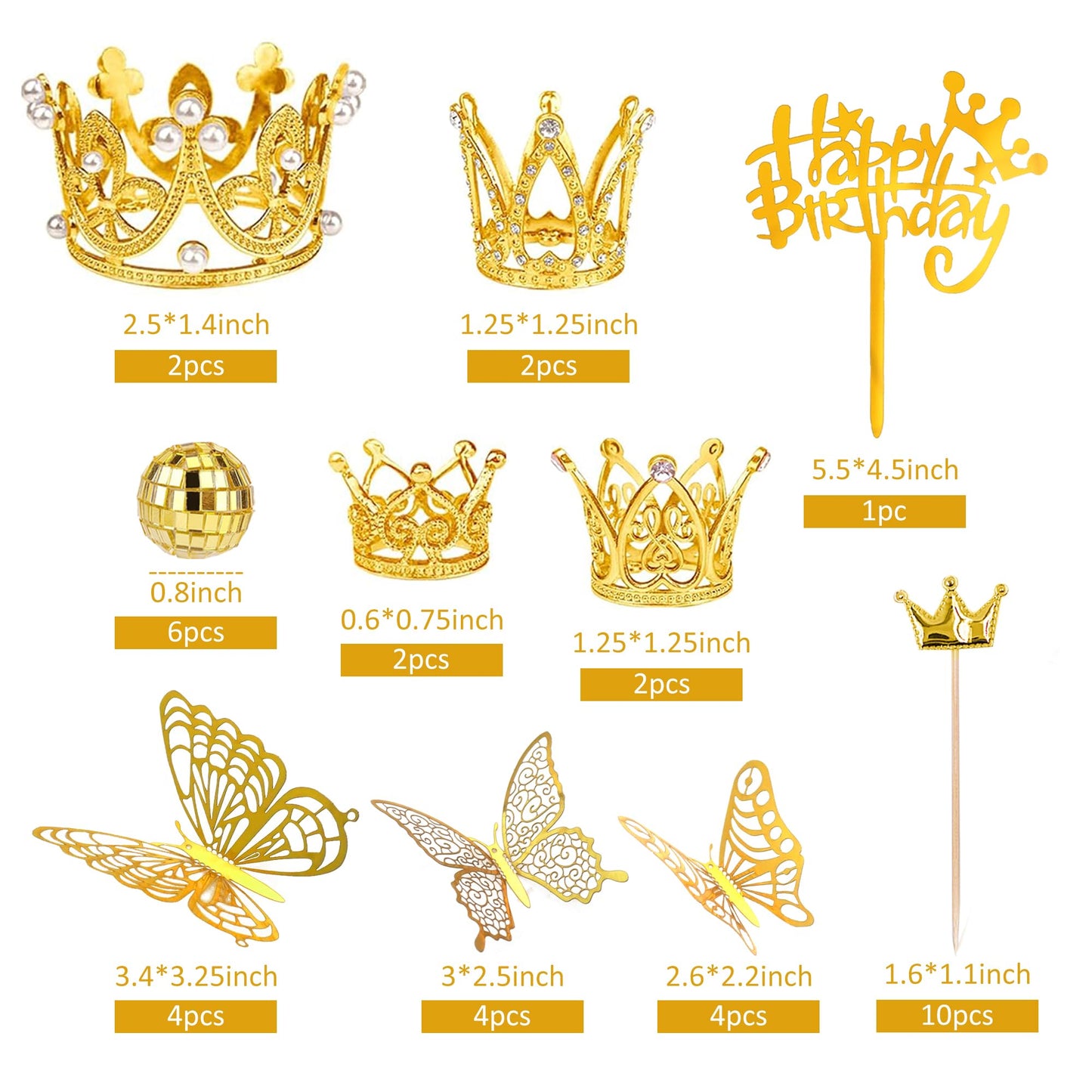 37 PCS Crown Cake Topper Mini Gold Crown Butterfly Disco Ball