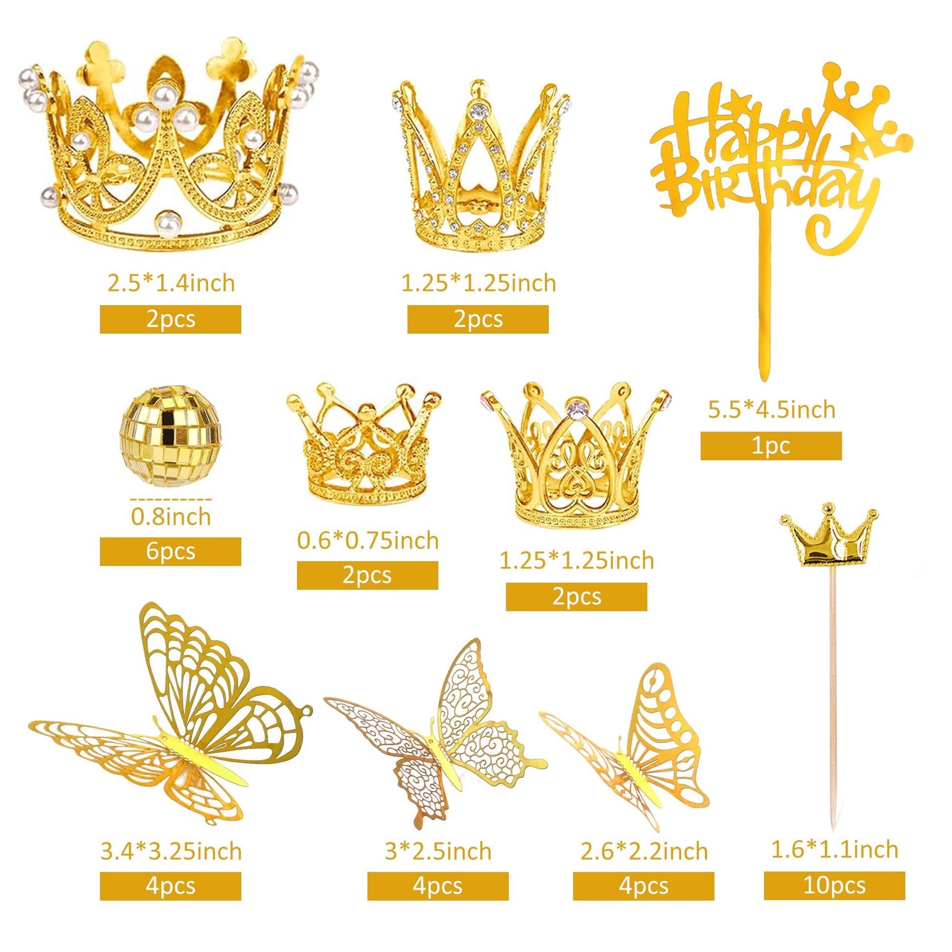 37 PCS Crown Cake Topper Mini Gold Crown Butterfly Disco Ball