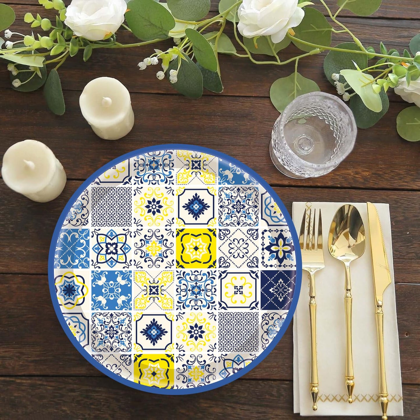 50PCS Capri Lemon Party Supplies 7"Capri Lemon Paper Plates Blue Tiles