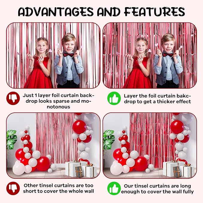 Voircoloria 2 Pack Red Foil Fringe Backdrop Curtains, Tinsel