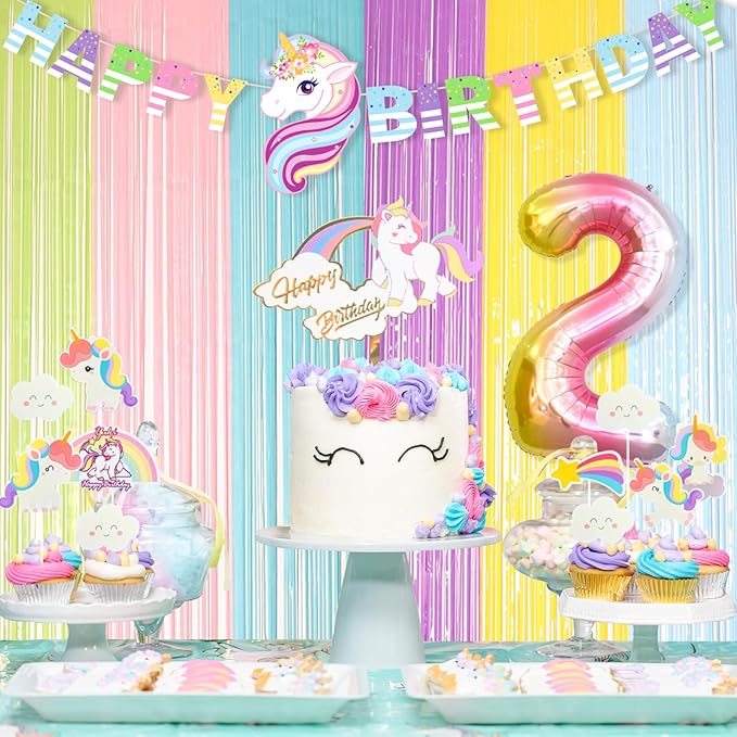 Unicorn 2nd Birthday Party Decorations for Girls Rainbow Banner