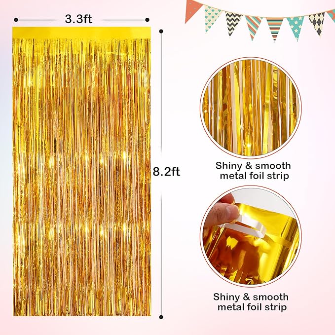 Gold Metallic Tinsel Foil Fringe Curtains, 2 Pack 3.3x8.3 Feet Party