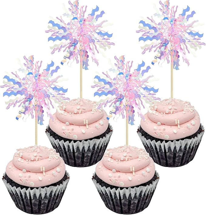 Gyufise 30Pcs Foil Firework Cupcake Toppers Sparkle Tinsel Cake #9