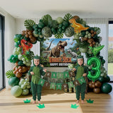 T Rex Dinosaur Birthday Decorations include Dark Green Brown Gold