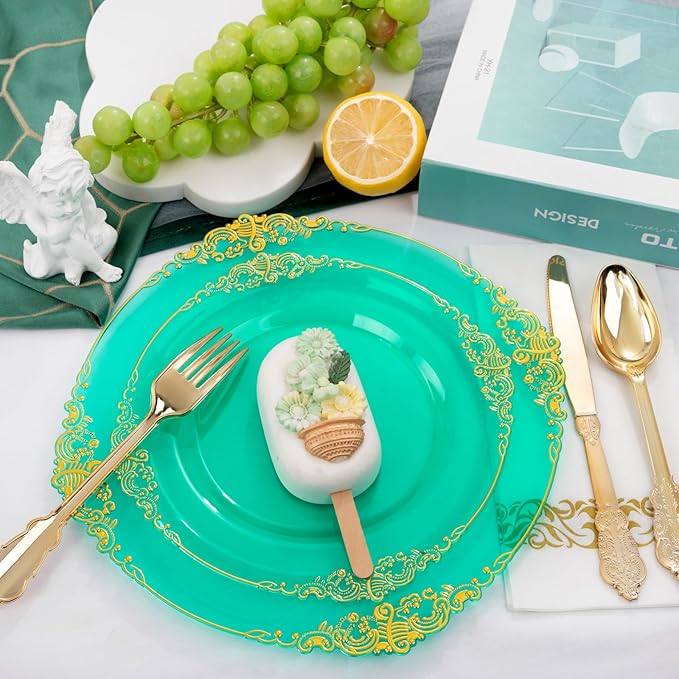 Hioasis 175pcs Clear Green Plastic Plates - Elegant Disposable