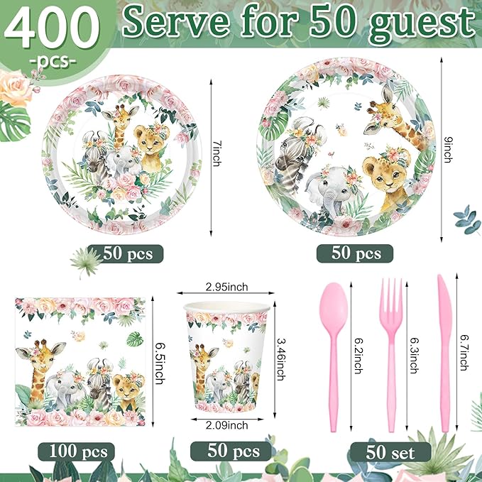 400 Pcs Safari Birthday Party Supplies Include Pink Green Jungle