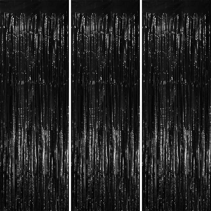 Voircoloria 3 Pack 3.3x8.2 Feet Black Foil Fringe Backdrop Curtains,