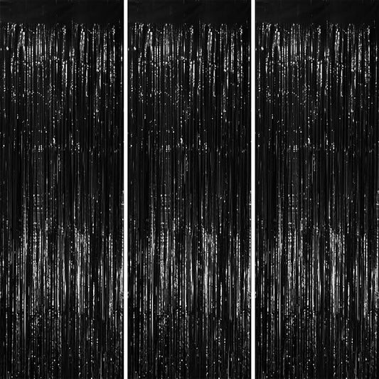 Voircoloria 3 Pack 3.3x8.2 Feet Black Foil Fringe Backdrop Curtains,