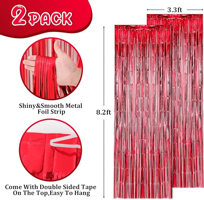 Voircoloria 2 Pack Red Foil Fringe Backdrop Curtains, Tinsel