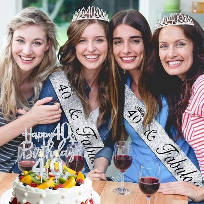 40th Birthday Decorations Women Silver with 40th Birthday Sash and