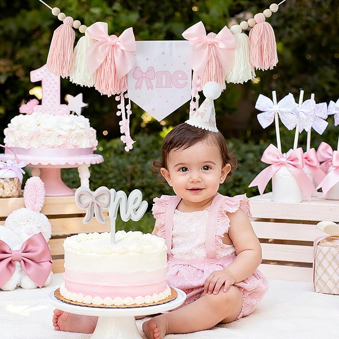 Pink Bow 1st Birthday Highchair Banner Decorations Wood Bead Tassel