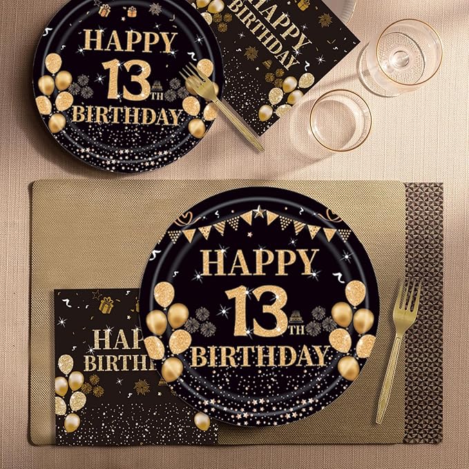 96PCS 13th Birthday Party Plates Set Black and Gold Theme Decorations