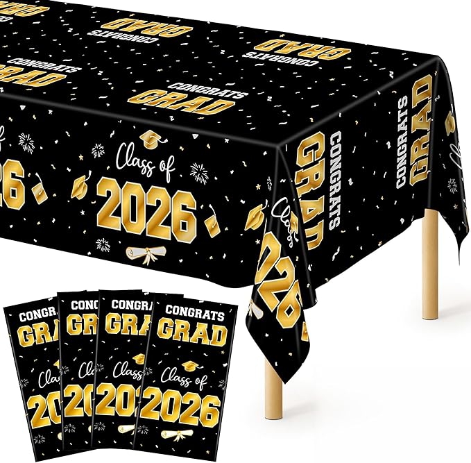 QZYL 4 Pack Graduation Decorations, 54" x 108" Black and Gold