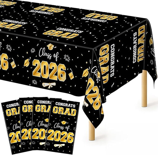 QZYL 4 Pack Graduation Decorations, 54" x 108" Black and Gold