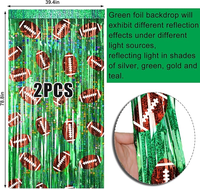 2 Packs Football Foil Fringe Curtain, Green Glitter Metallic Tinsel