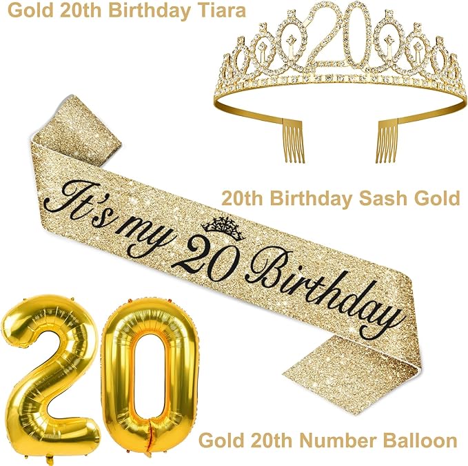20th Birthday Decorations for Women Gold with 20th Birthday Tiara