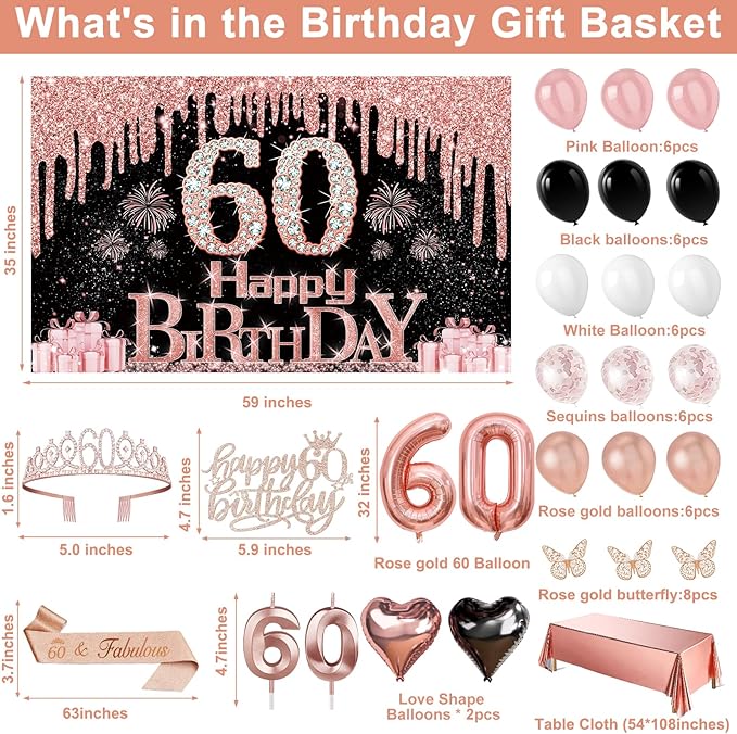 60th Birthday Decorations for Women 49pcs Black Rose Gold Black