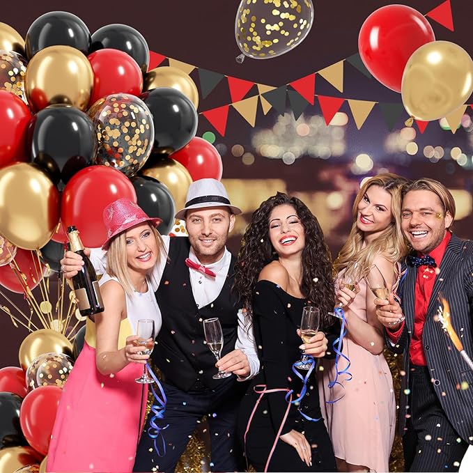 Red Black and Gold Balloons, 60pcs 12inch Red Black Gold Confetti