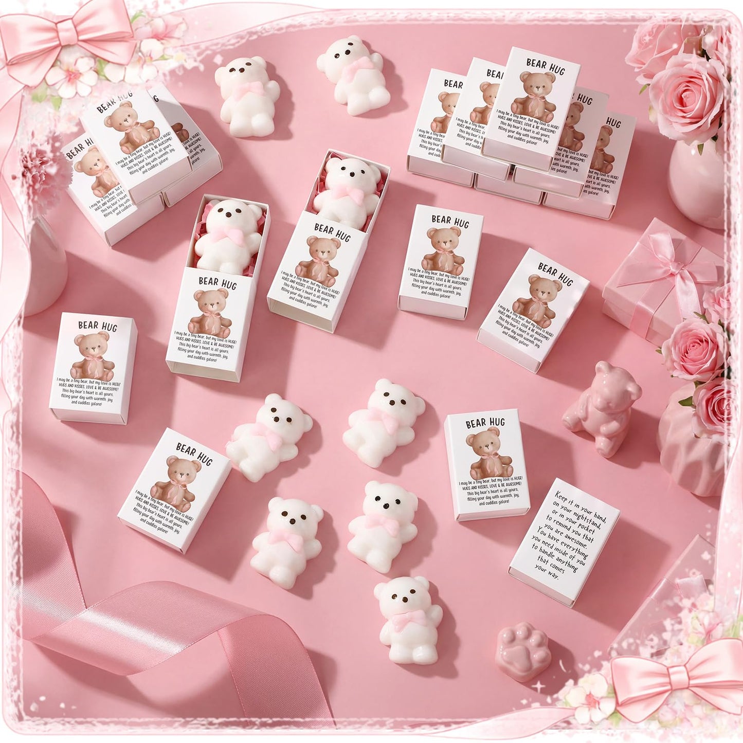 Wettarn 24 Sets Bear with Pink Bow Gifts Cute Stress Balls with Bear