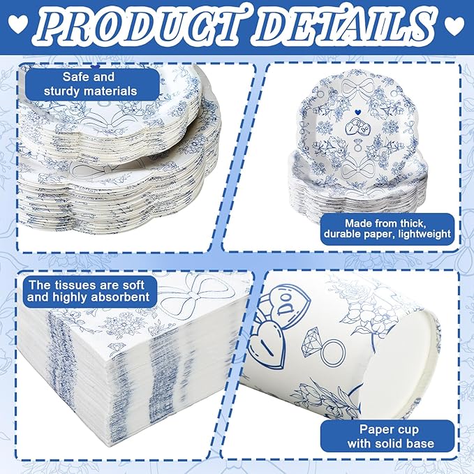 250 Pcs Something Blue Disposable Plates and Napkins Bridal Shower