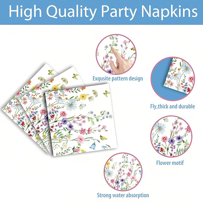 96Pcs Wildflower Plates and Napkins Spring Party Decorations Floral