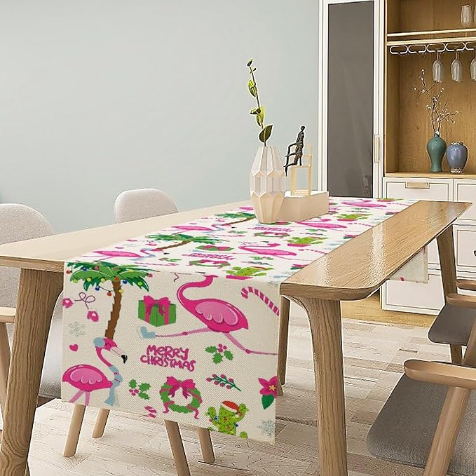 Summer Flamingo Table Runner, Cute July Christmas Flamingo Tropical
