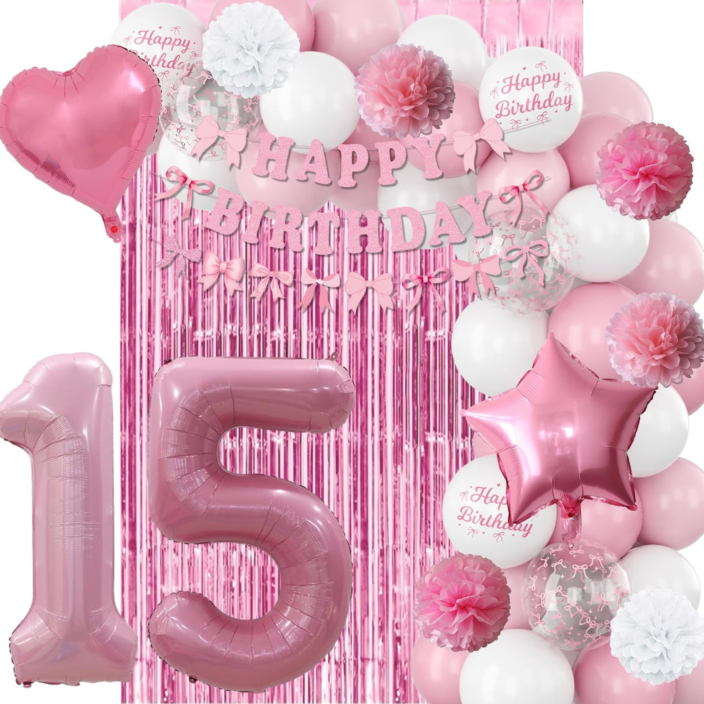 15th Birthday Decorations for Girls Pink Number 15 Balloon Bow