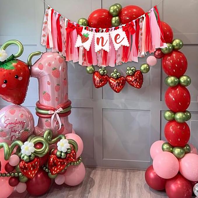 Strawberry One High Chair Banner Strawberry 1st Birthday Party