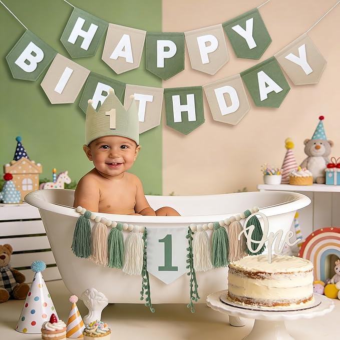 Wild One High Chair Banner Felt Green Happy Birthday Banner Pre