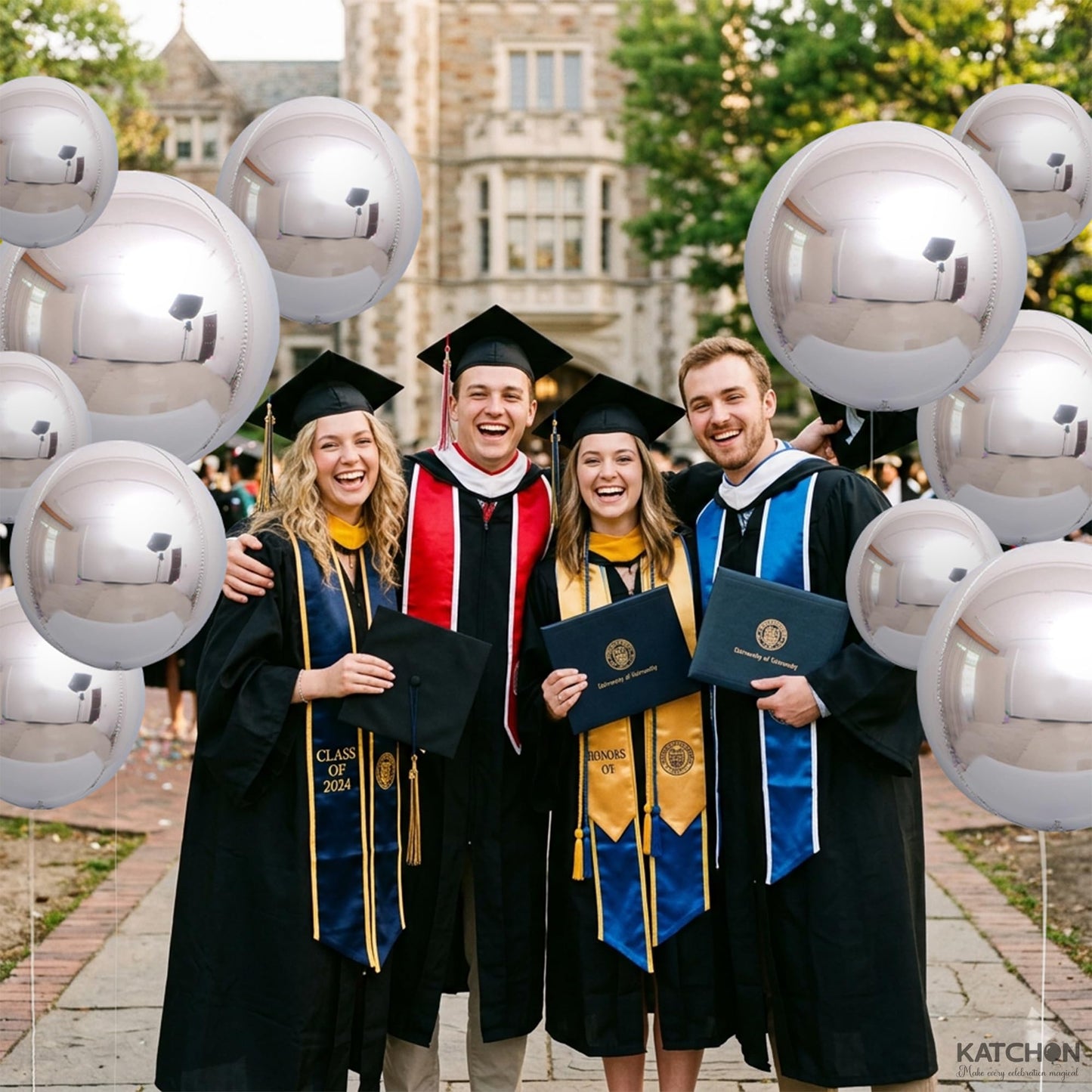 Metallic Silver Balloons - 22 Inch, Pack of 14 | 4D Round Foil