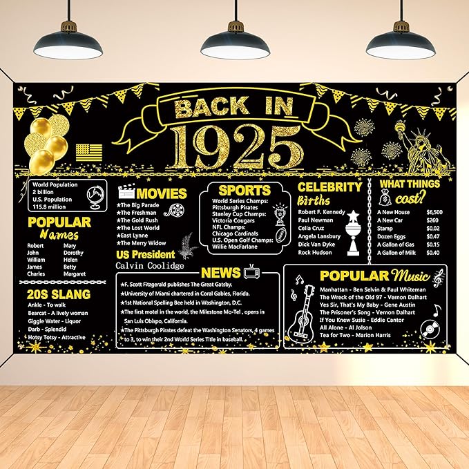DARUNAXY 101st Birthday Black Gold Party Decoration, Back in 1925