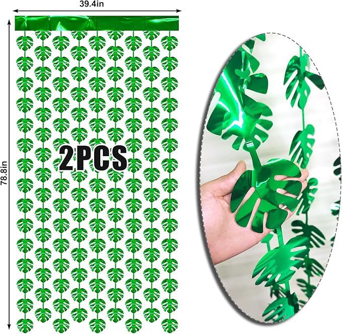 2 Packs Jungle Leaf Foil Fringe Curtain, Green Glitter Tropical Palm
