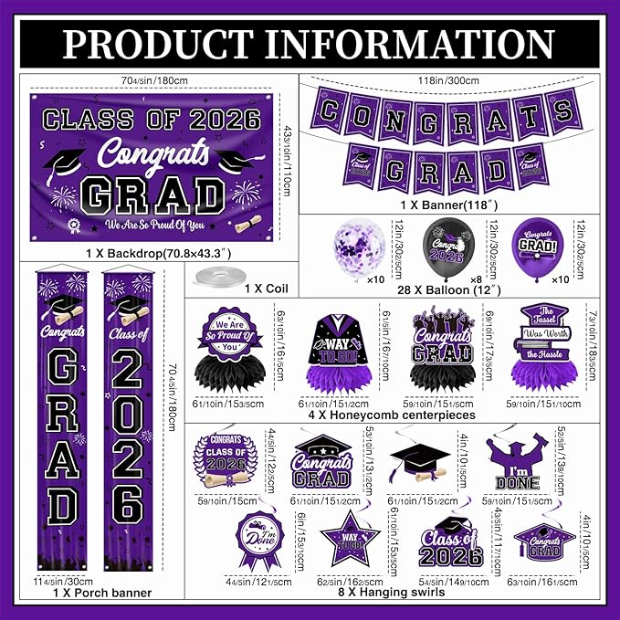Graduation Decorations 2026 Purple Graduation Party Decor Set include