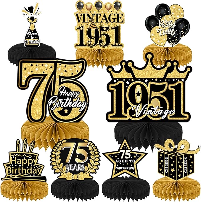 75th Birthday Decorations for Men, 9PCS Black Gold 75th Birthday
