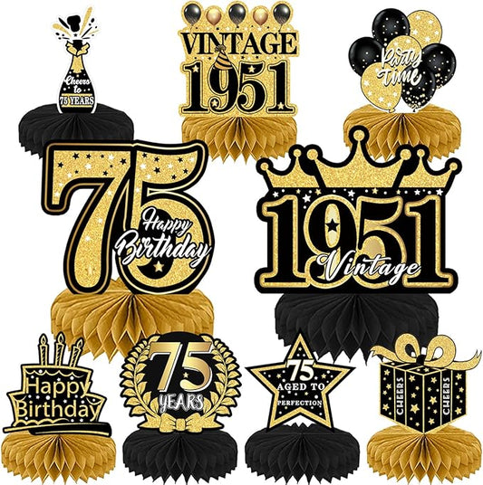 75th Birthday Decorations for Men, 9PCS Black Gold 75th Birthday