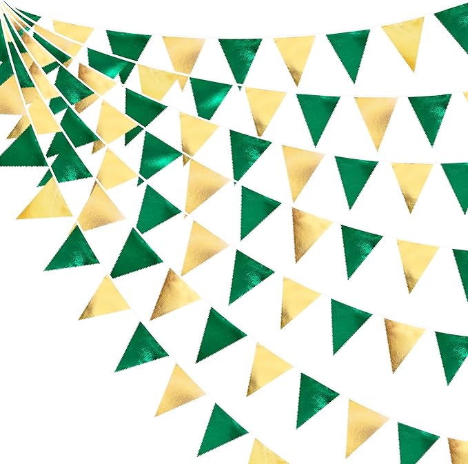 Green Gold Party Decorations Metallic Fabric Triangle Pennant Banner