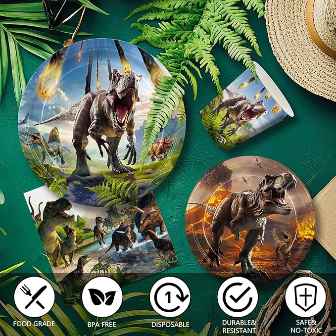 168pcs Dinosaur Party Supplies Dino Plates Napkins Disposable