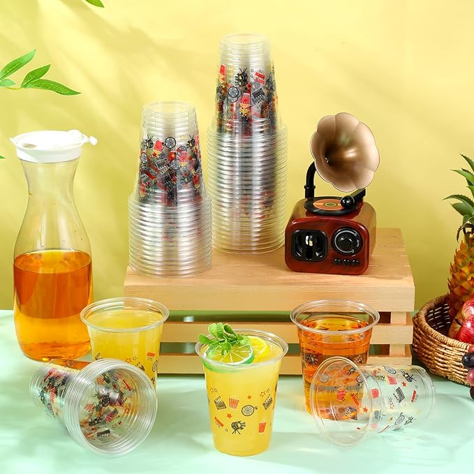 50 Pcs Movie Night Cups 12 oz Plastic Movie Theme Glasses Clear