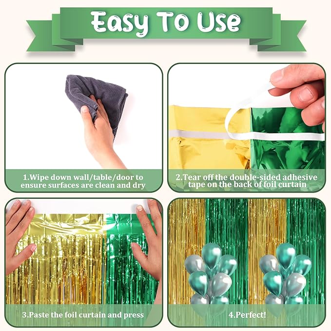 Voircoloria 3 Pack 3.3 x 8.2 ft Green and Gold Foil Fringe Backdrop