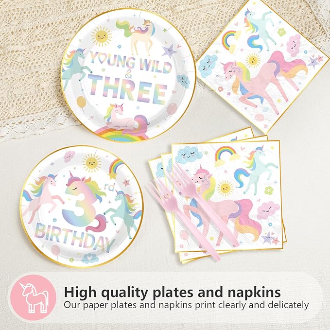 96 Pcs Magical Pastel Unicorn 3rd Birthday Party Supplies Young Wild