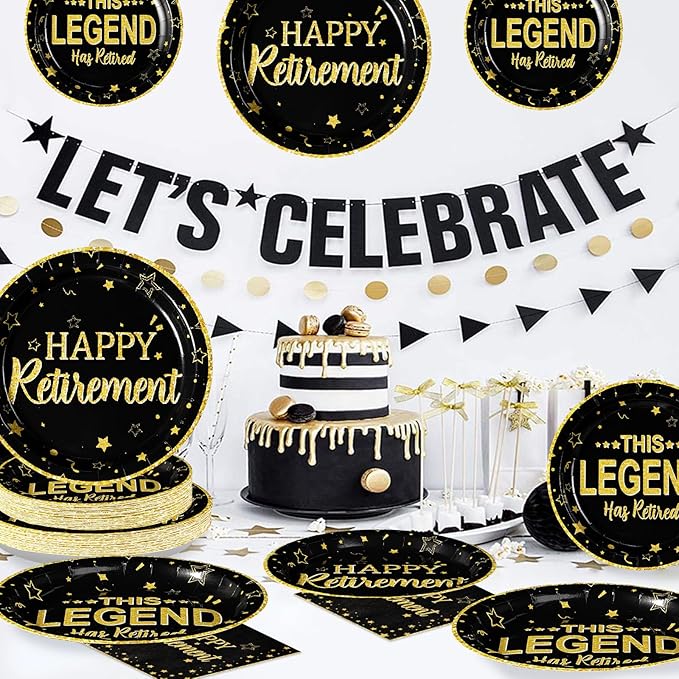 96 Pcs Retirement Party Plates Black and Gold Happy Retirement Party
