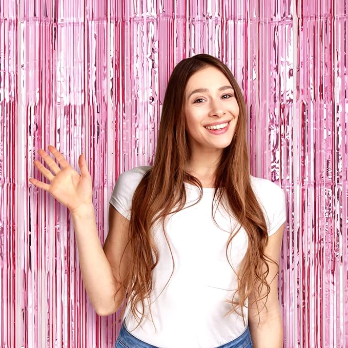 Voircoloria 2 Pack Light Pink Foil Fringe Backdrop Curtains, Tinsel