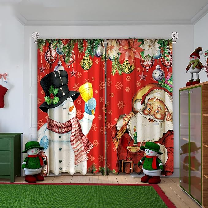 2 Pcs Christmas Curtains for Living Room Snowman Santa Claus